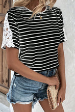 Load image into Gallery viewer, Striped Spliced Lace Round Neck Tee