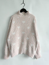 Load image into Gallery viewer, Heart Heathered Turtleneck Drop Shoulder Sweater